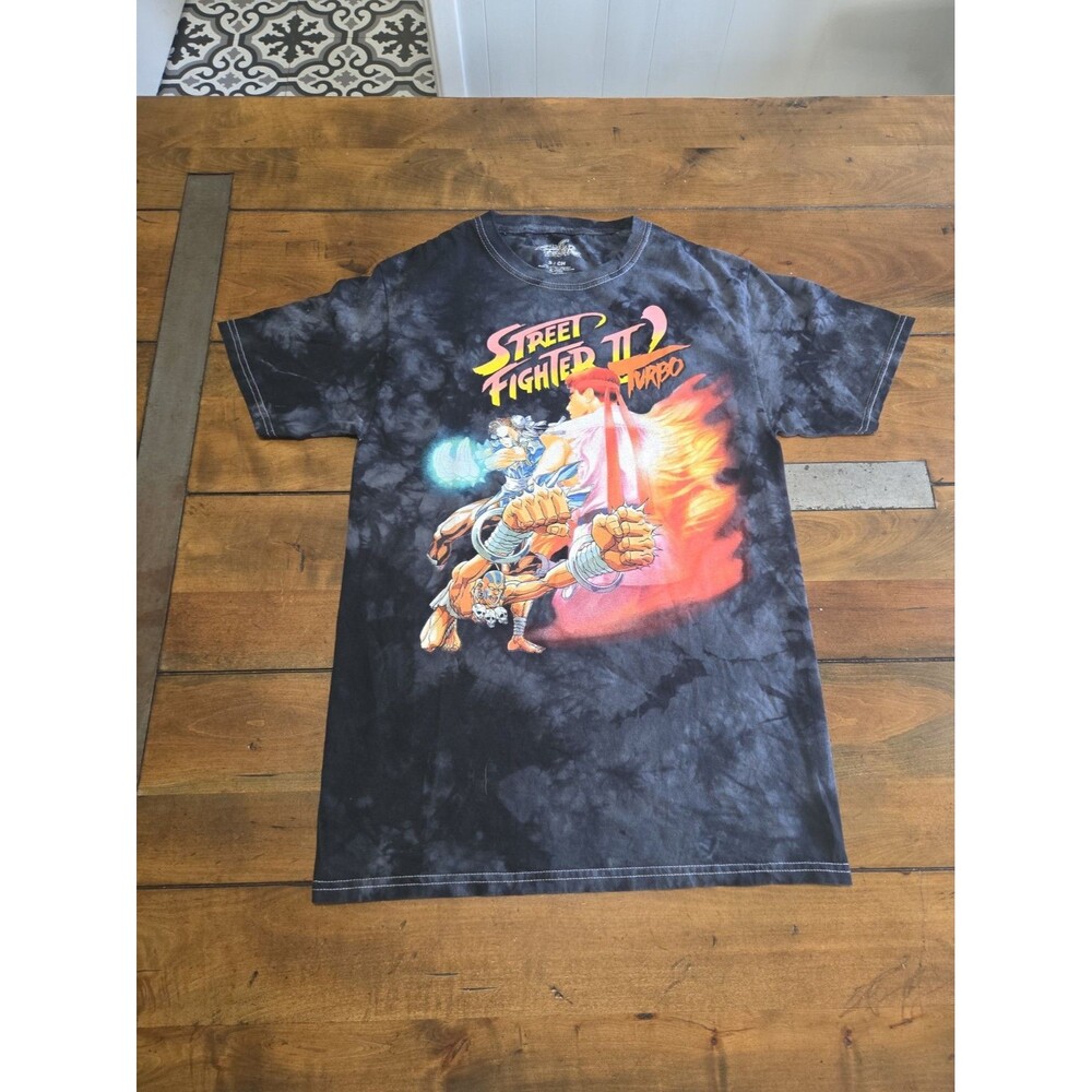 Street Fighter II Turbo Graphic T Shirt S Small Black Gray Cloud Tie Dye Capcom